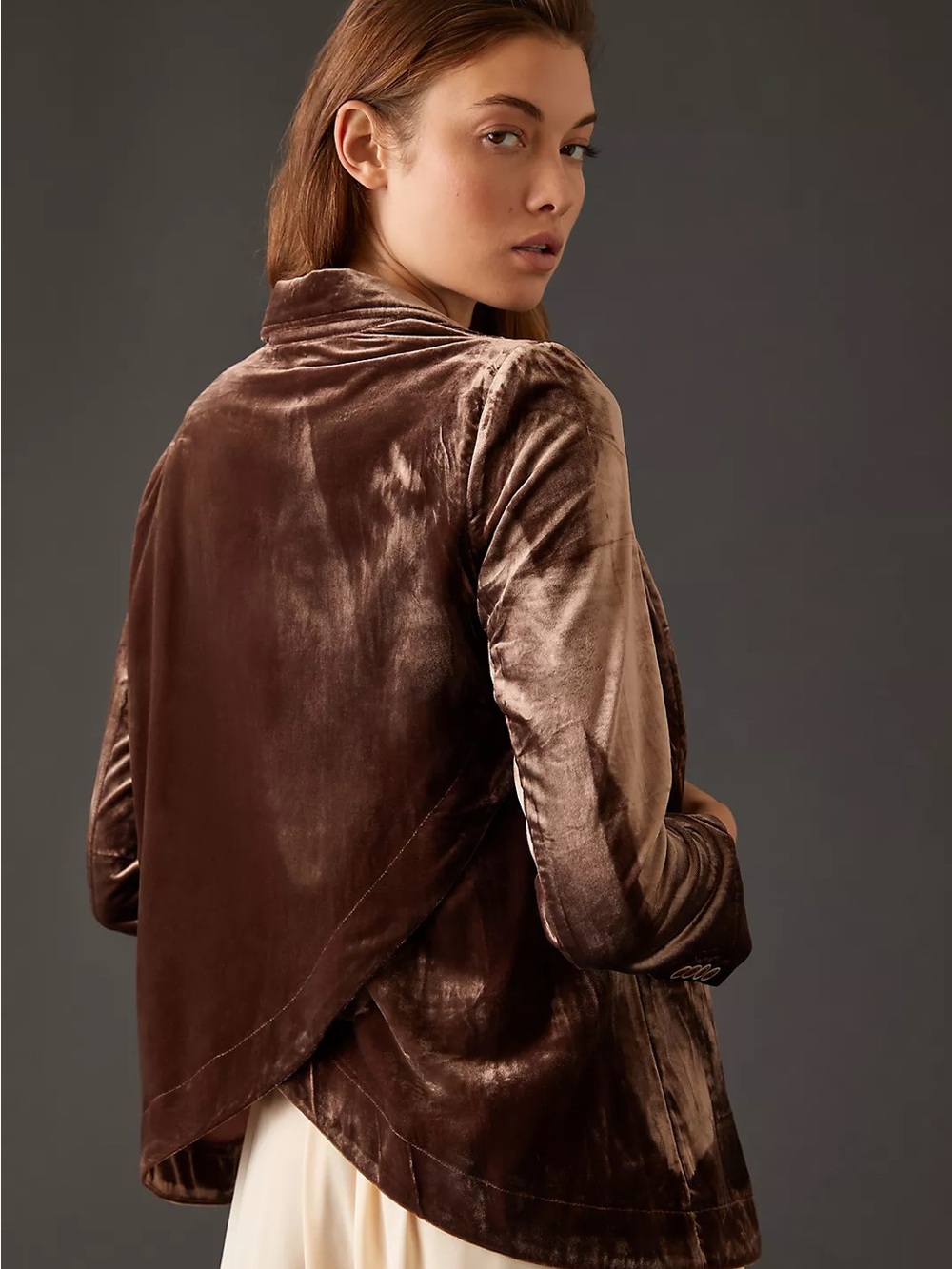 Anthropologie crushed velvet Chocolate Brown Open Blazer tulip hem back sz m